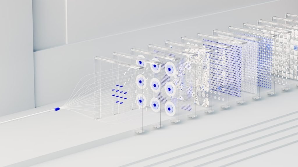 An artist’s illustration of artificial intelligence (AI). This image was inspired by neural networks used in deep learning. It was created by Novoto Studio as part of the Visualising AI project launched by Google DeepMind.